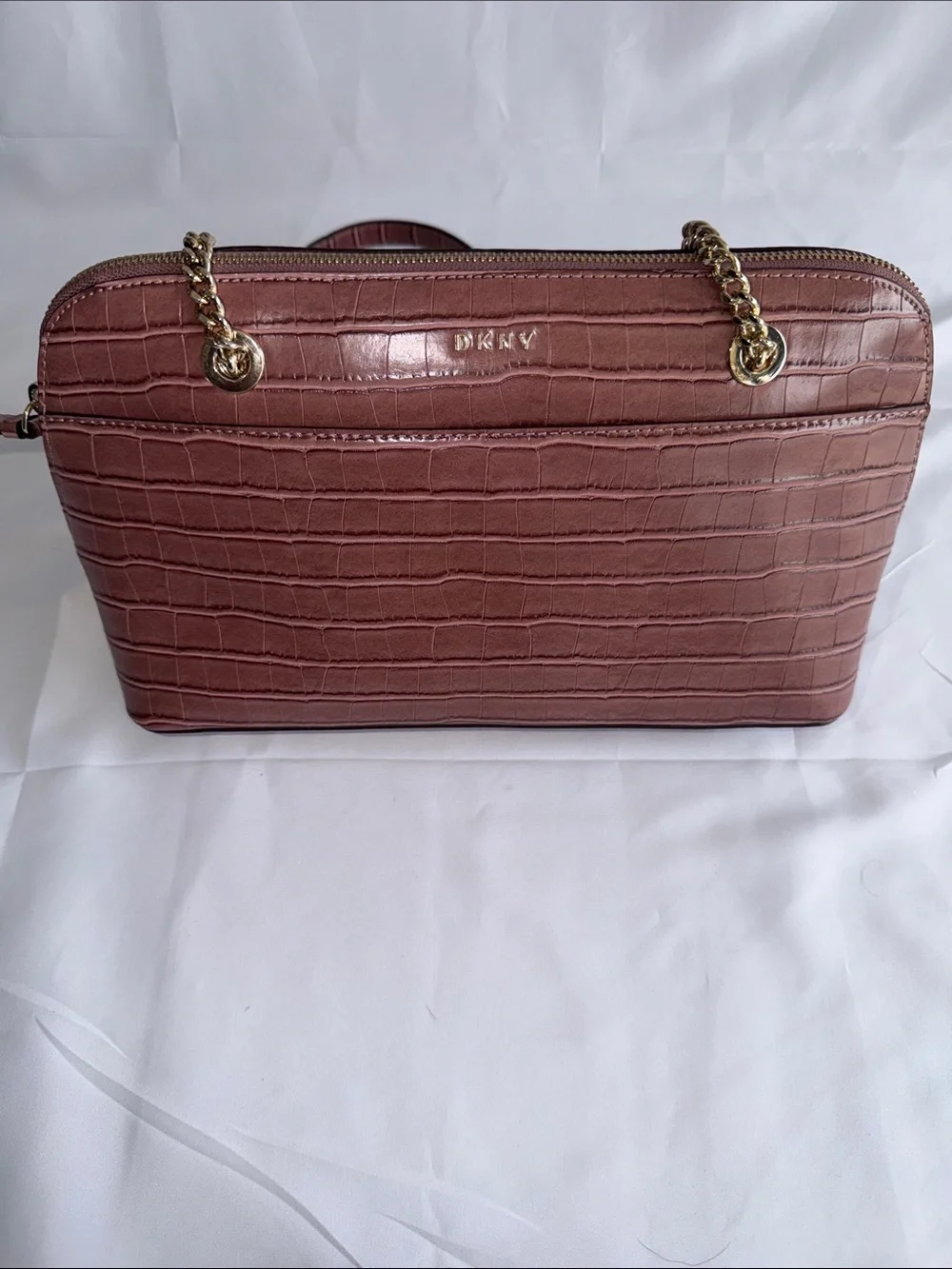 DKNY Croc-Embossed Mauve Shoulder Bag with Gold Chain